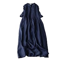 Women Cotton Linen Pleated Front Short Sleeve A-Line Dress Summer V Neck Fashion Casual Loose Flowy Pockets Dress