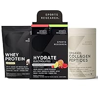 Sports Research Organic Collagen Peptides (Unflavored - 30 Servings), Hydrate Electrolytes Powder Packets (Variety Pack - 16 Servings) and Whey Protein Isolate (Vanilla Flavor - 26 Servings)