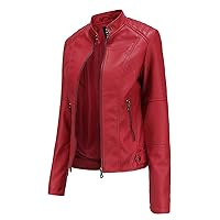 TUNUSKAT Women Motorcycle Leather Jacket With Zipper Pockets Casual Zip Up Mock Neck Outwear Cardigan Solid Long Sleeve Tops