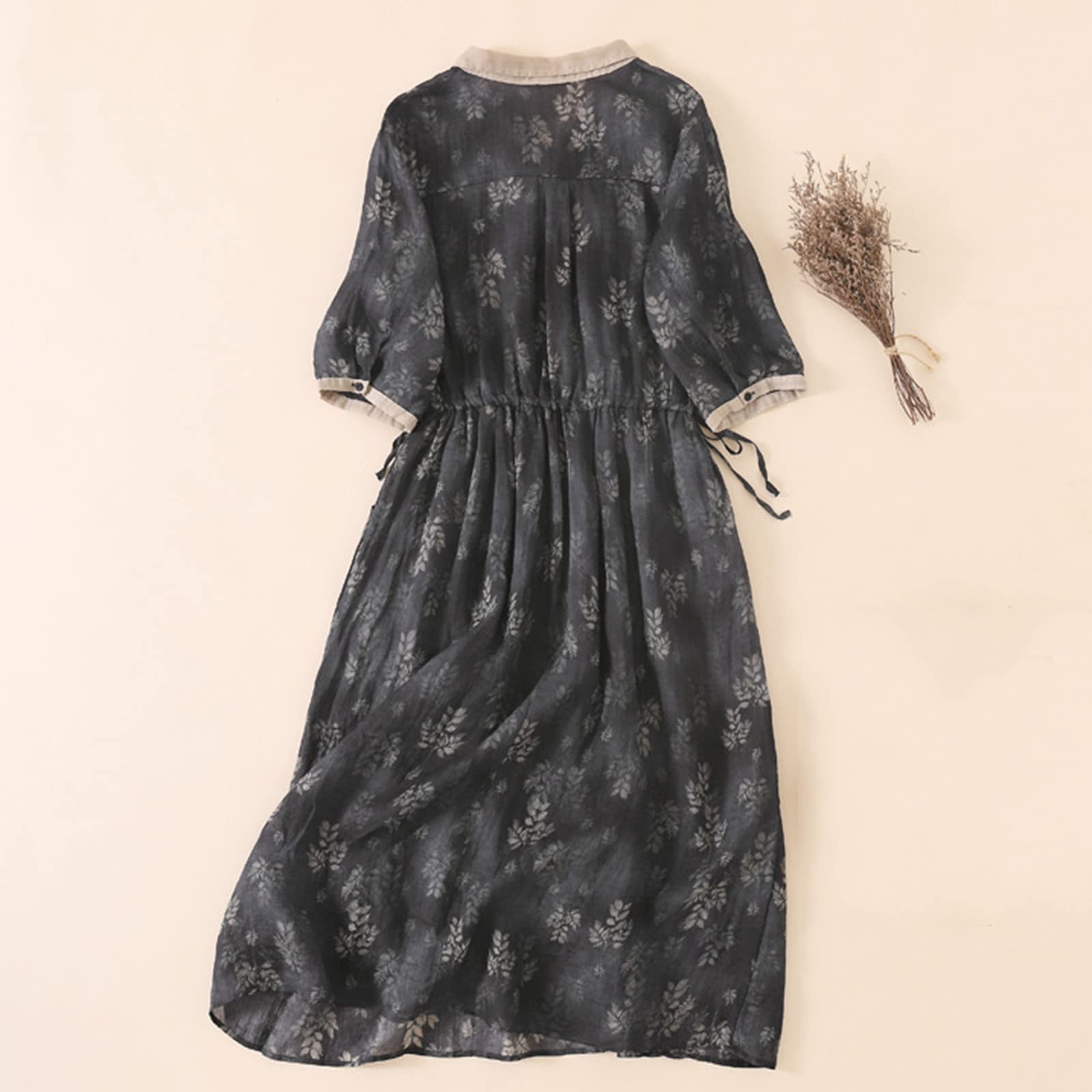 QIGUANDZ Women Korean Style Lace-Up Waist-Defined Henley Shirt Dress Summer Cotton Linen Half Sleeve Casual A-Line Dresses