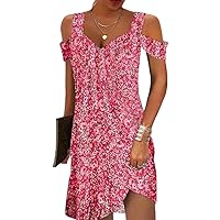 Sundress for Women Hawaiian Cold Shoulder Dress Boho Floral Knee Length Mini Dress Beach Party Vacation Sun Dresses