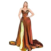 Women's Satin Prom Dresses Long Split A-Line Strapless Beaded Sexy Floor Length Formal Evening Party Gowns with Train GL0003