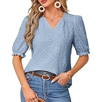 JASAMBAC Women's Summer Dressy Casual Blouses 2024 Hollowed Out Tops V Neck Half Sleeves Lace Embroidered Blouses Shirts