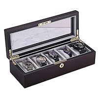 Watch Box Display Case Organizer with 5 Slot, Watch Holder with Glass Lid, Elegant Watch Storage Box with Lock for Men & Women for Jewelry Bracelets Necklaces