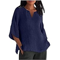 Linen Shirts for Women 2024 Solid Color Classic Casual Loose Fit Trendy with 3/4 Sleeve V Neck Slit Blouses