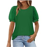 WKSCLPAI Womens Lace Sleeve Summer Tops 2024 Solid Swiss Dot Dressy Blouses Tees Crew Neck Short Sleeve Casual Loose Shirts