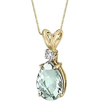 PEORA Green Amethyst with Genuine Diamond Pendant in 14K Yellow Gold, Elegant Teardrop Solitaire, Pear Shape, 10x7mm, 1.70 Carats total