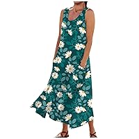 Womens Spring Dress Casual Floral Print Sleeveless Cotton Pocket Dress