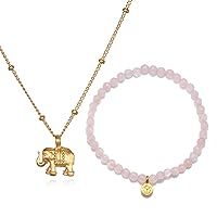 Satya Jewelry 18K Yellow Gold Plated Women's Necklace with Elephant Pendant & 4mm Rose Quartz Mini Lotus Women's Bracelet Set