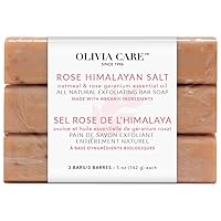 Olivia Care Exfoliating Bar Soap With Rose Himalayan Salt Natural & Organic - Infused w/Oatmeal & Rose Essential Geranium Oil - Moisturize, Detoxify, Hydrate - 3 X 5 OZ