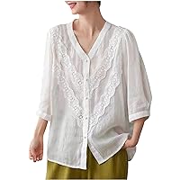 Women 3/4 Puff Sleeve Button Down Cotton Linen Shirts Fashion Lace V Neck Casual Loose Fit Plain Blosues Tops
