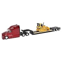 579 UltraLoft Tandem Tractor Red Metallic with Lowboy Trailer and D5M Dozer Yellow 1/87 (HO) Diecast Model by Diecast Masters 84419