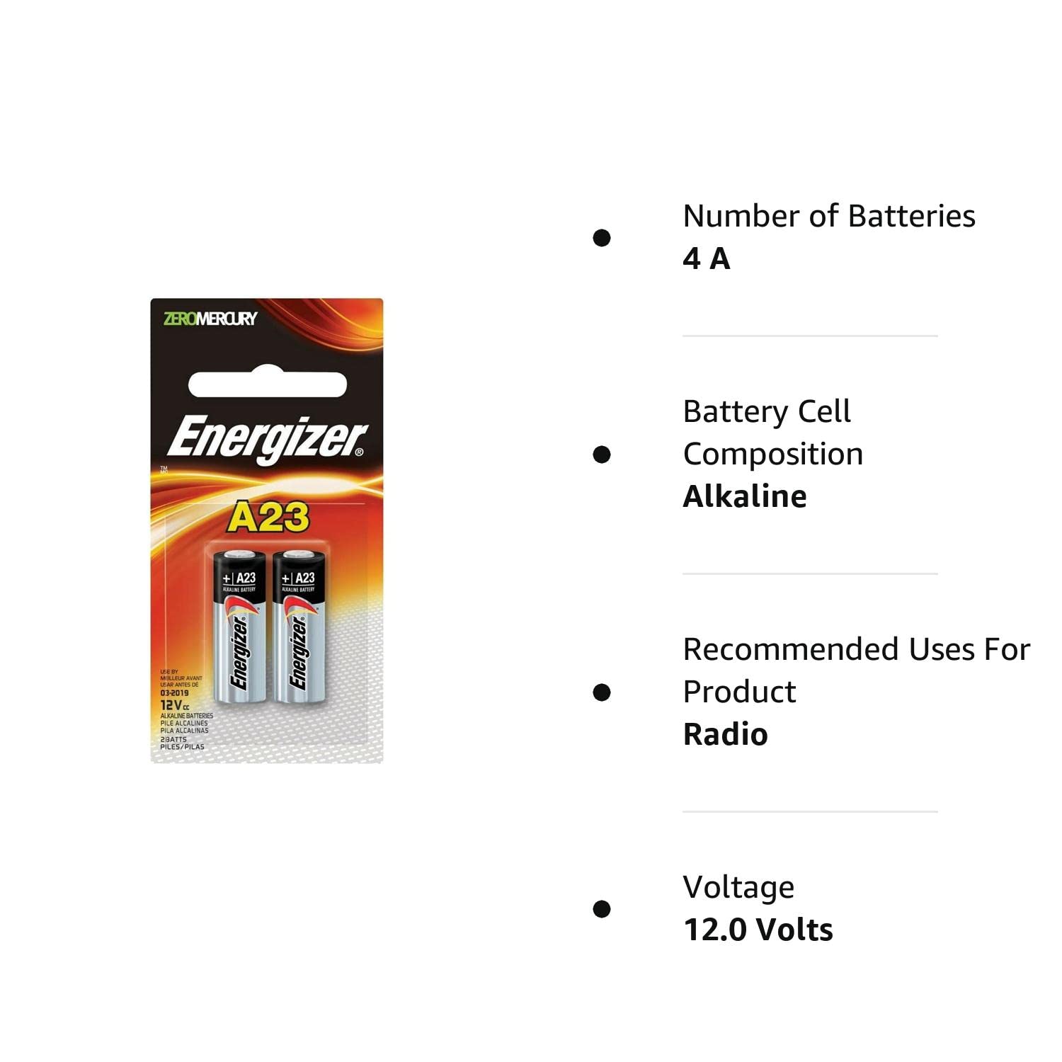 Energizer A23 Battery, 12 Volt, 4 Batteries (2 X 2 Count Retail Packages)