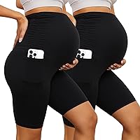 YOLIX 2 Pack Maternity Shorts Over Belly, High Waisted Black Workout 8” Pregnancy Biker Shorts with Pockets