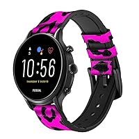 CA0208 Pink Leopard Pattern Leather & Silicone Smart Watch Band Strap for Fossil Mens Gen 5E 5 4 Sport, Hybrid Smartwatch HR Neutra, Collider, Womens Gen 5 Size (22mm)