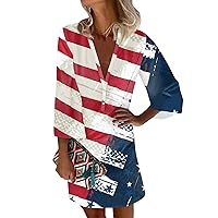 4th of July Women's Clothes Patriotic Dress for Women Sexy Casual Vintage Print with 3/4 Length Sleeve Deep V Neck Independence Day Dresses Wine 3X-Large