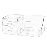 Clear Makeup Organizer With 2 Drawers,Cosmetic Storage Display Case for Vanity,Bathroom Counter or Dresser,Countertop Holder for Lipstick,Brushes,Lotions,Eyeshadow,Nail Polish and Jewelry