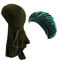 2pcs/Set Durags and Bonnets Elastic Long Tail Velvet Doo rag Turban Sleep Cap Solid Color for Men Women