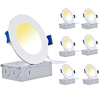 6 Inch 12W 5CCT LED Recessed Ceiling Light with Junction Box, 2700K/3000K/4000K/5000K/6000K Selectable, 1300LM Brighter Canless Dimmable Downlight Wet Location Approved (6 Pack)