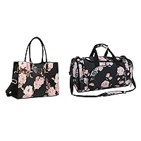 MOSISO Laptop Tote Bag Compatible with 15-15.6 inch Notebook, Peony Waterproof PU Leather Travel Work Briefcase with Adjustable PU Handle&Sports Duffel Peony Gym Bag with Shoe Compartment, Black
