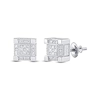 Sterling Silver Mens Round Diamond 3D Cube Square Earrings 1/20 Cttw