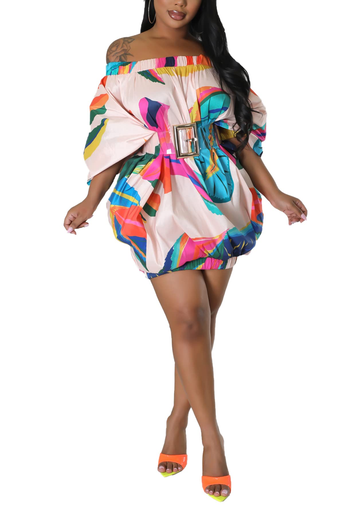 LETSVDO Womens Off The Shoulder Mini Dress Sexy Long Sleeve Floral Printed Bubble Short Dresses Plus Size
