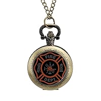 Red Fire Department Badge Vintage Pocket Watch with Chain Arabic Numerals Scale Alloy Pocket Watch Gift