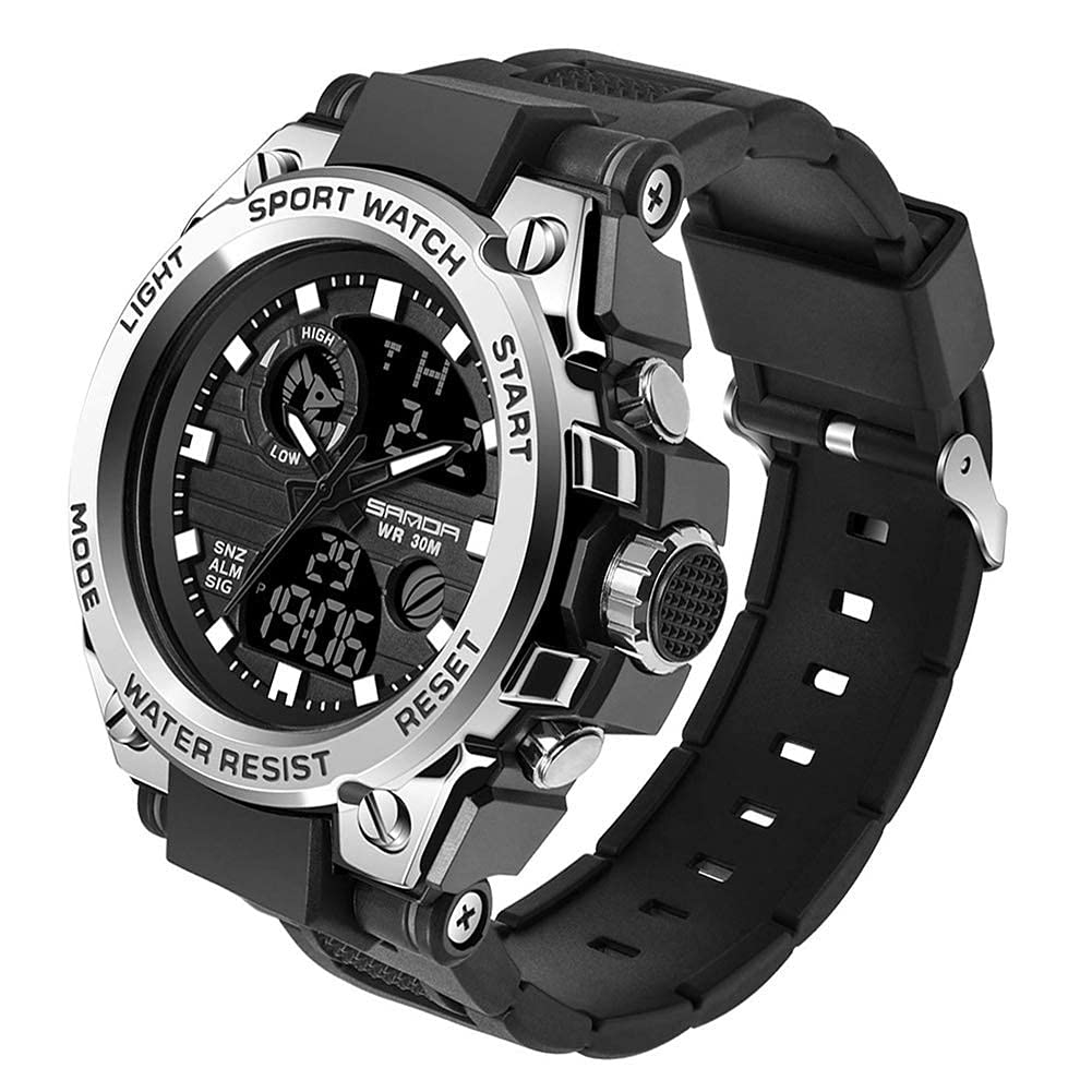 WISHFAN Men’s Digital Sports Watch, Multi-Functions Dual-Display Tactical Watch for Men with Backlight (Silver)