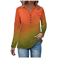Women Shirts Casual Color Block Tee Vintage Henley V Neck Blouse Fall Fashion Long Sleeve Loose Tunic Tops