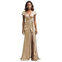 Satin Bridesmaid Dresses for Women with Sleeves V-Neck Pleated Long Formal Evening Gowns with Slit