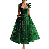 Women's Tulle Prom Dresses Long 3D Butterfly Spaghetti Straps Formal Evening Gowns with Slit Tea Length Party Dress