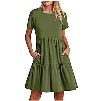 Women's Pleated Solid Color Casual Short Sleeved Round Neck Dress Elegant Layered Mid Length A Line Summer Dresses