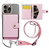 4 in 1 Magnetic Wallet with Phone Lanyard,Compatible with Magsafe Wallet with 5 Card Holders for iPhone 15 14 13 12 pro max/Mini/Plus,PU Leather & RFID Blocking,Pink