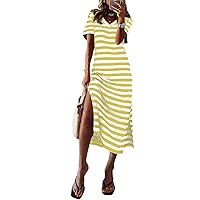 MARZXIN Women 2024 Casual Maxi Dress Short Sleeve V Neck Stripe Sundress Split Loose Long Summer Beach T Shirt Dresses
