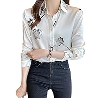Long Sleeve V Neck Silk Shirts for Woman Floral Print Casual Loose Satin Blouses Shirt