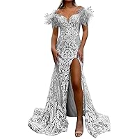 Sequin Mermaid Prom Dress with Feathers Sparkly Off The Shoulder Slit Long Formal Dress Ball Gowns for Women