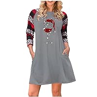 Women's Christmas Dress Print Long Sleeve Tunic Dresses Pockets Plus Size T-Shirt Dress, S-4XL