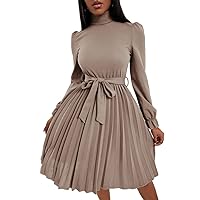 Women Dresses Turtleneck Flounce Sleeve Pleated Hem Belted Dress (Color : Apricot, Size : X-Small)