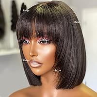 Short Layered Bob Wig Human Hair with Bangs Scalp Top Wigs for Black Women Straight Full Machine None Lace Bang 10inch 130 Percent