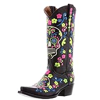 Womens Catrina Black Western Leather Cowboy Boots Skull Embroidered Snip Toe