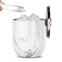 SNOWFOX Premium Vacuum Insulated Stainless Steel Ice Bucket with Lid/Tongs -Home Bar Accessories -Elegant Bartending Ice Buckets for Parties -Beautiful Outdoor Entertaining Supplies -3L -Marble