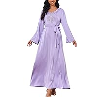 XJYIOEWT Mini Dress Long Sleeve Loose,Women's V Neck Color Blocked Long Sleeved Beaded Slim Fit Muslim Long Dress Skater