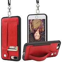 TOOVREN Upgraded iPhone 7 Plus Case, iPhone 8 Plus Wallet Case, Necklace Lanyard Case with Kickstand Card Holder, Ajust Detachable Anti-Lost Lanyard Strap Perfect for Travel, Daily use, Work RED