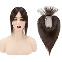 MY-LADY 150% Density Human Hair Toppers With Bangs For Women 10 Inch Dark Brown Silk Base Clip in Toppers Top Hair Pieces for Thinning Hair Hair Loss