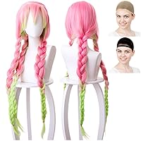 Cosplay Wig, Mitsuri Kanroji Love Hashira, Braid, Long, Pink, Light Green, White Merche Wig Net, Set of 2
