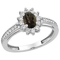 14K White Gold Natural Smoky Topaz Flower Halo Ring Oval 6x4mm Diamond Accents, sizes 5-10
