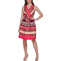 Tommy Hilfiger Women's Cotton Fit and Flare Dress, Magenta Multi, 4