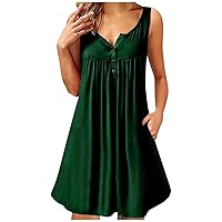 Women's Sleeveless Dress Solid Casual V Neck Button Front Dresses Beach Skirt Loose Sundress with Pocket Party Dress