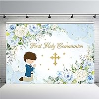 MEHOFOND 7x5ft First Holy Communion Mi Bautizo Blue Backdrop for Boys God Bless Party Decorations Blue Watercolor Photography Background Happy Birthday Photo Booth Props