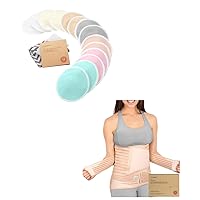 Reusable Nursing Pads and 3 in 1 Postpartum Belly Support Recovery Wrap - 14 Washable Organic Breastfeeding Pads + Wash Bag - Postpartum Belly Band